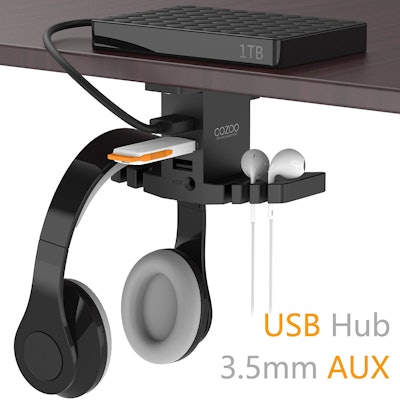 Headphone Stand with USB Hub COZOO Under Desk Headset Hanger Mount Dual Hook