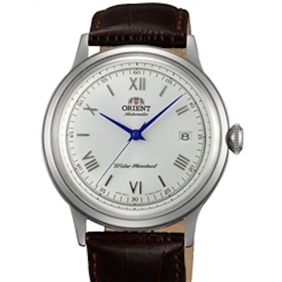 Orient Bambino 2nd-Gen Automatic Dress Watch with White Dial, Vibrant Blue Hands