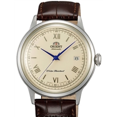 Orient Bambino 2nd-Gen Automatic Dress Watch with Cream Dial, Vibrant Blue Hands