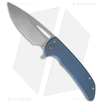 Ferrum Forge Archbishop Flipper Knife Grooves Blue Ti (3.5" BB/SW) - Blade HQ