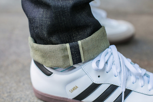 Red Cotton Denim Green Cast Raw Jeans