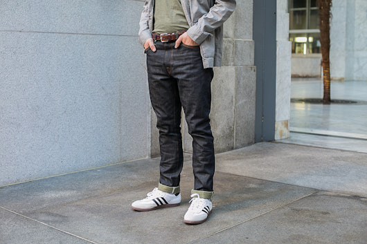 Red Cotton Denim Green Cast Raw Jeans