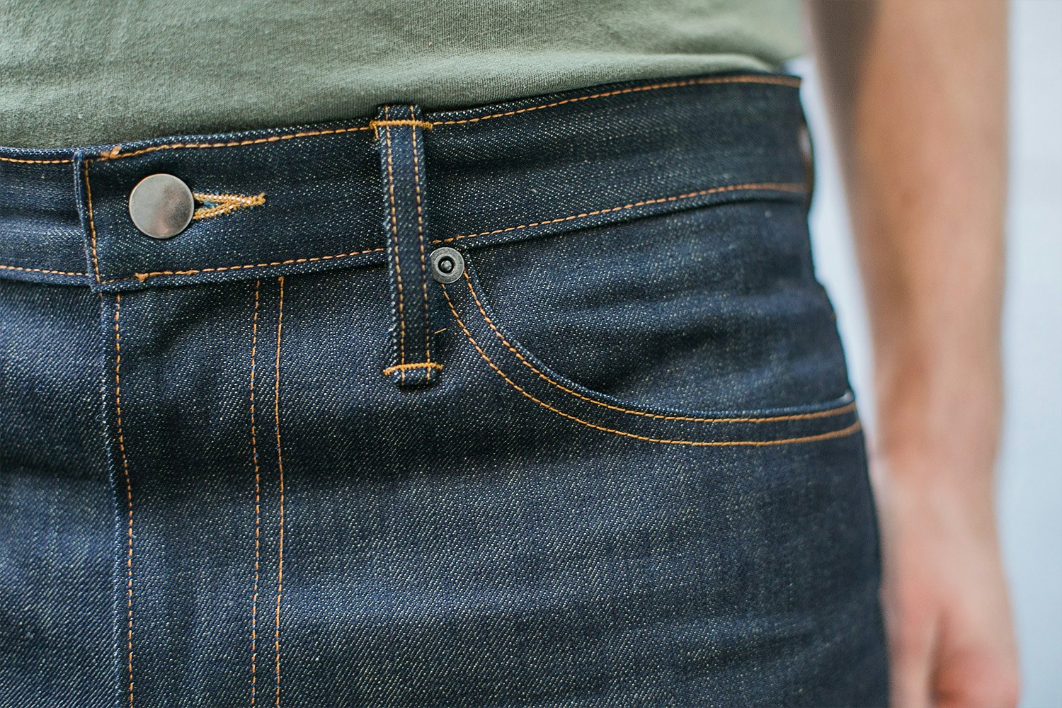 Red Cotton Denim Green Cast Raw Jeans