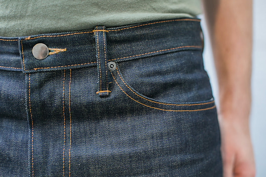 Red Cotton Denim Green Cast Raw Jeans