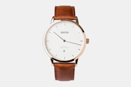 Rose gold case, brown leather strap 