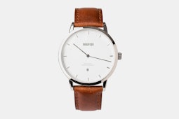 Stainless steel case, brown leather strap 