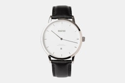 Stainless steel case, black leather strap