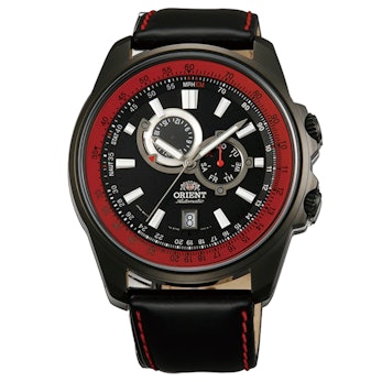 FET0Q001B0 - Black leather band, black/red dial