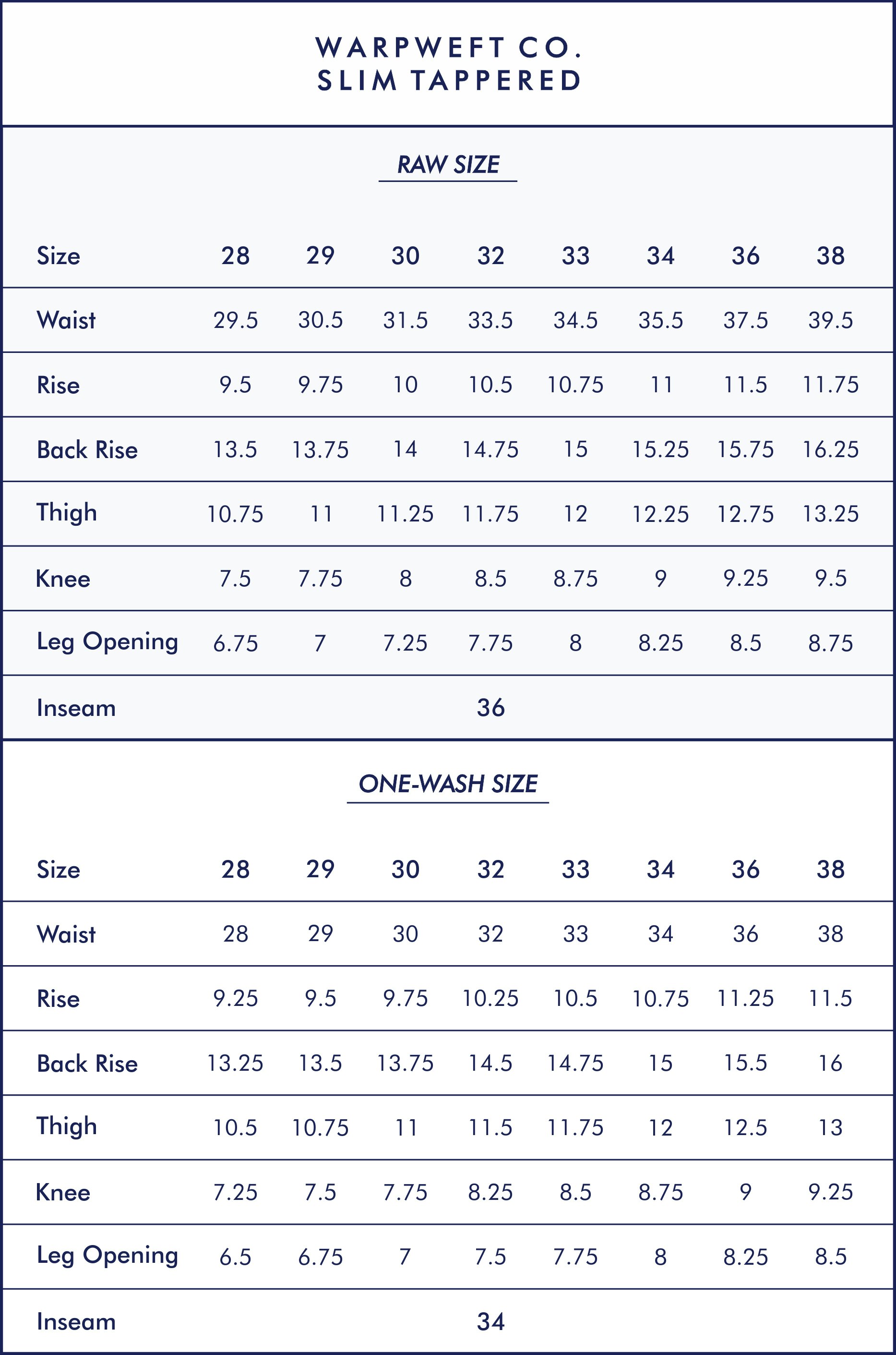 Warp And Weft Jeans Size Chart